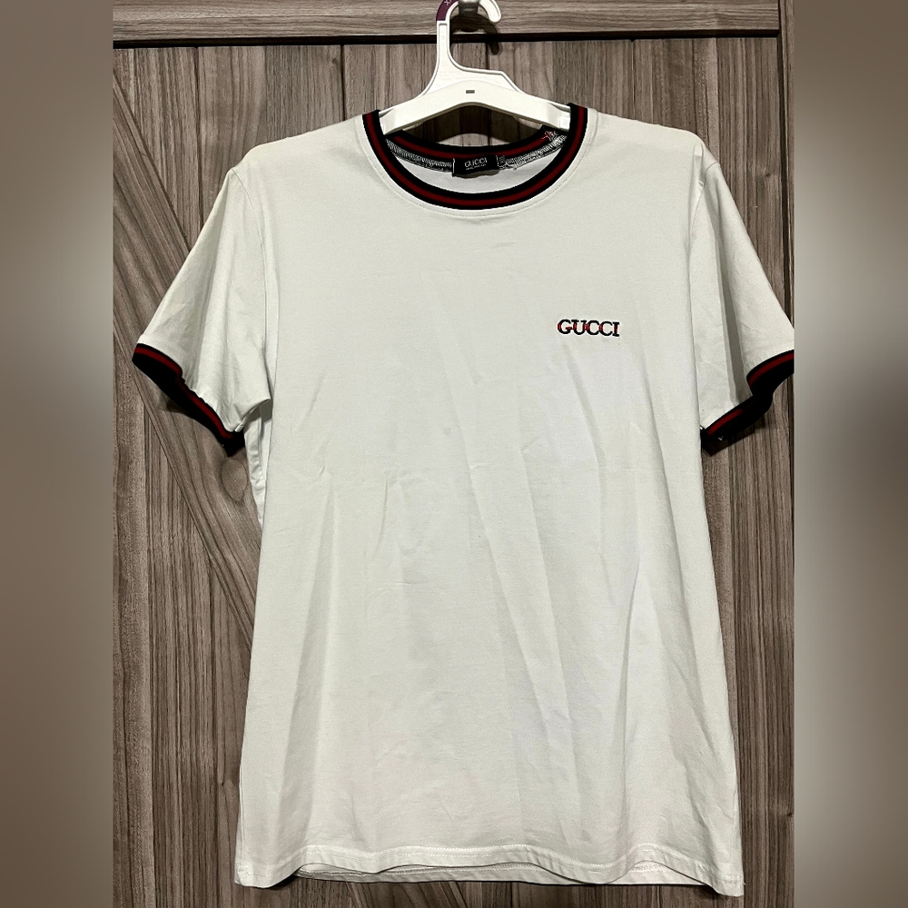 White T-Shirt with Black and Red Accents